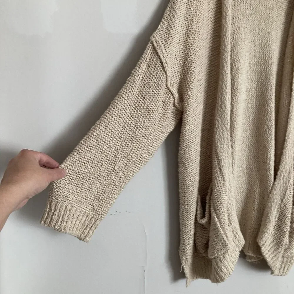 Aerie Open Knit Cardigan XL Cotton Blend Beige Boho Hippie Beach - Picture 2 of 9
